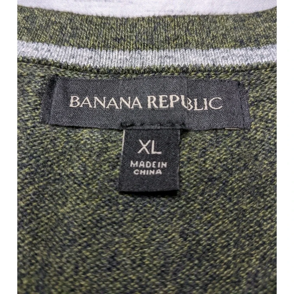 BANANA REPUBLIC Men Large Green Heather‎ Cotton V-Neck Military Sweater EUC